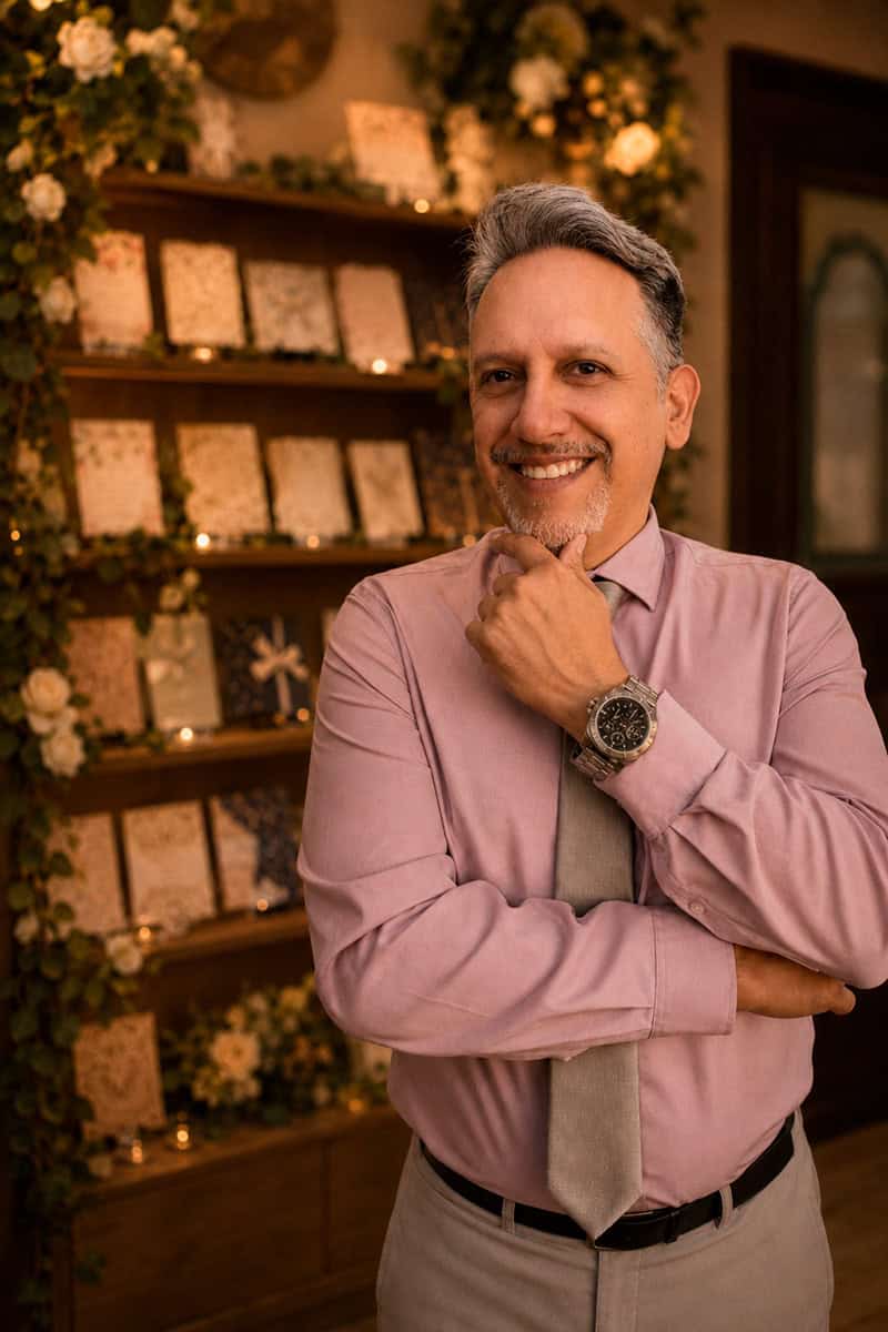 Team member or founder of a digital invitations company surrounded by invitation designs and brand experience.