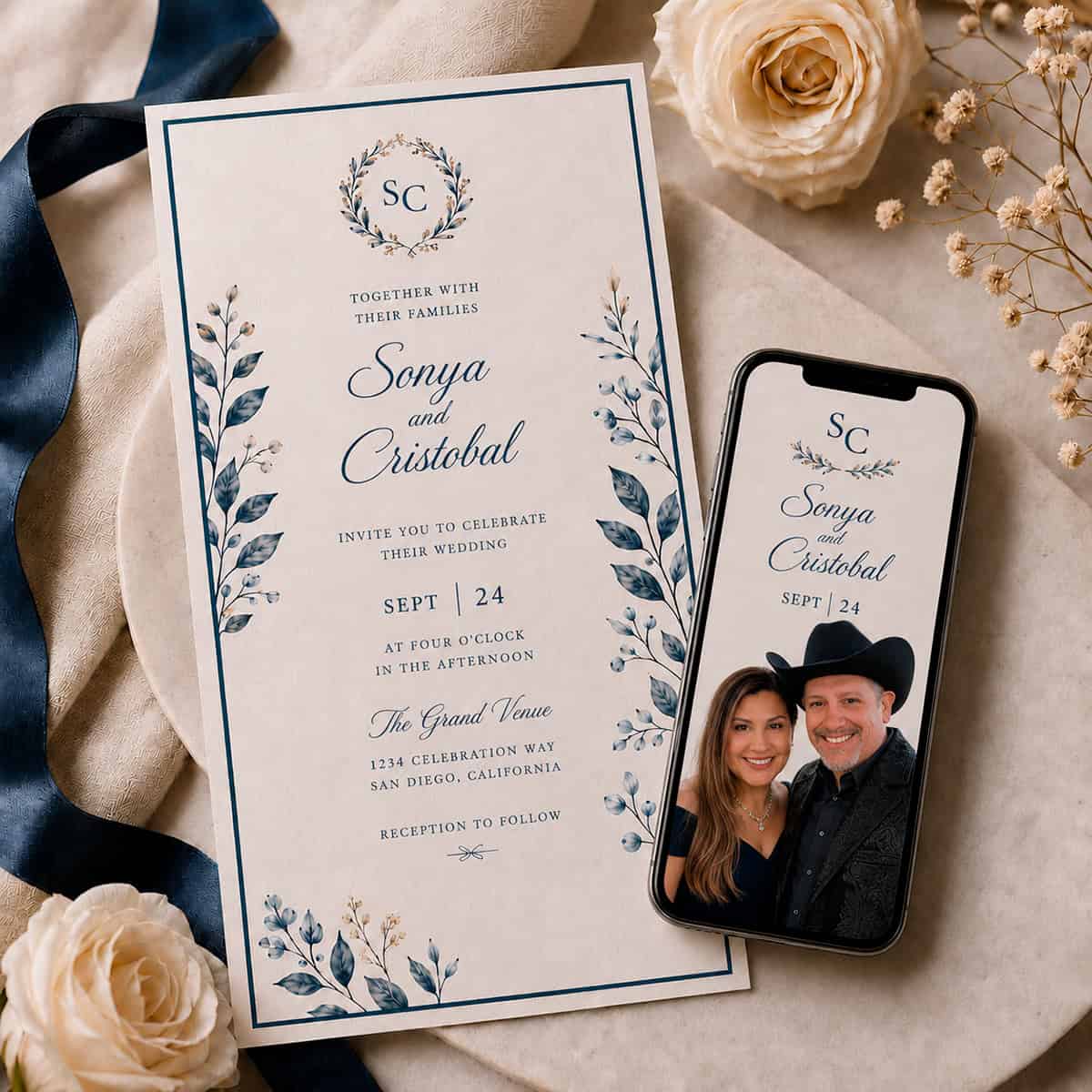 Physical invitation and phone invitation displayed together to represent the story and evolution of digital invitations.