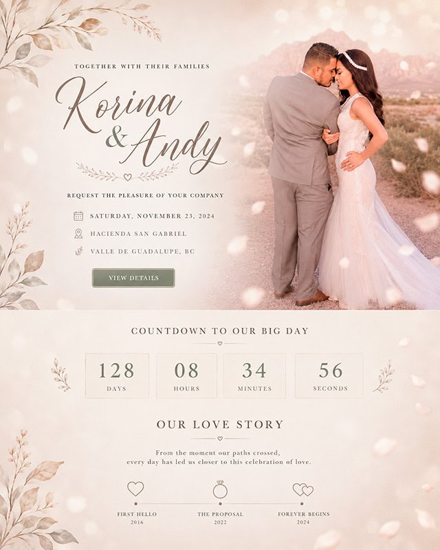 Online wedding invitation design with countdown, date, venue details, and romantic story timeline for guests.