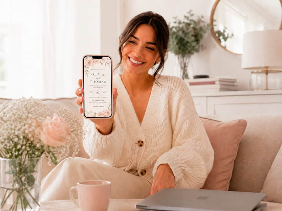 Mobile wedding invitation preview shown on a phone, designed for elegant online sharing with guests.